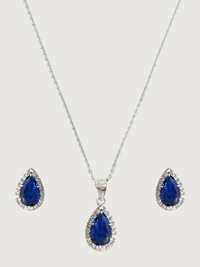 Front View of Zia Drop Pendant Necklace & Stud Earrings in 925 Sterling Silver - Blue Fixed Length Metal 16 inches 4.6gms