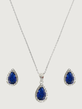 Front View of Zia Drop Pendant Necklace & Stud Earrings in 925 Sterling Silver - Blue Fixed Length Metal 16 inches 4.6gms