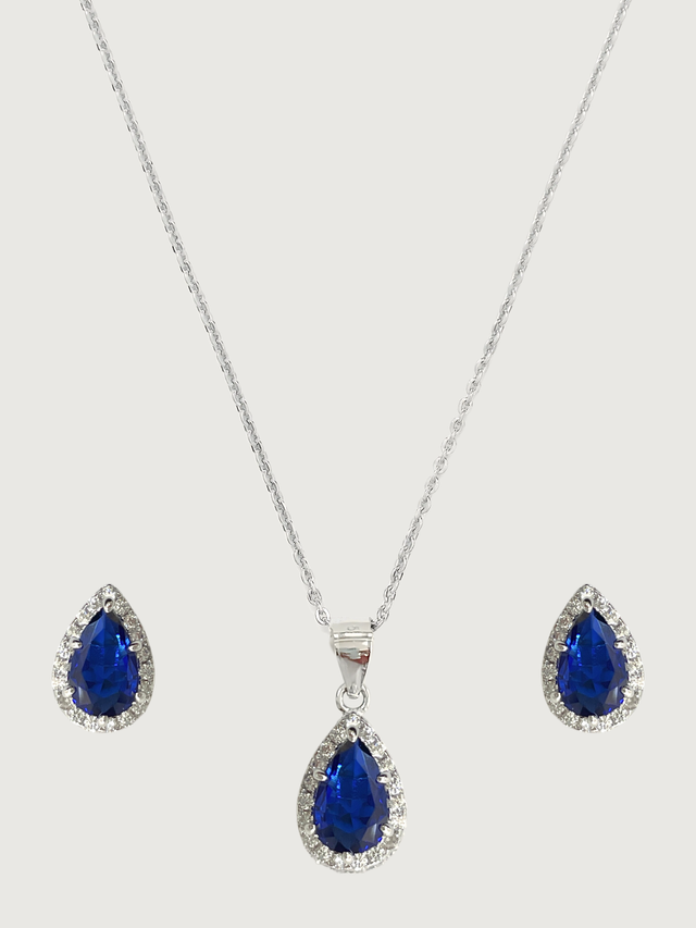 Front View of Zia Drop Pendant Necklace & Stud Earrings in 925 Sterling Silver - Blue Fixed Length Metal 16 inches 4.6gms
