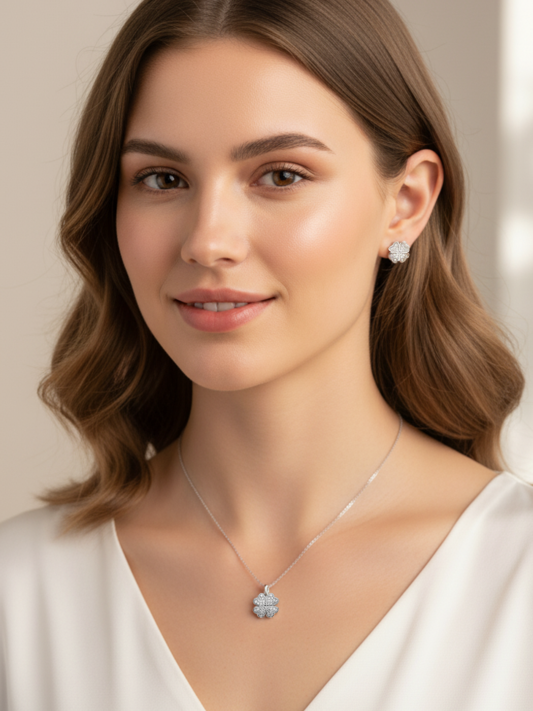 Model Wearing Cara Clover Pendant Necklace in 925 Sterling Silver Fixed Length Rhodium Plated Brass Metal Stone 16 inches 2.5gms