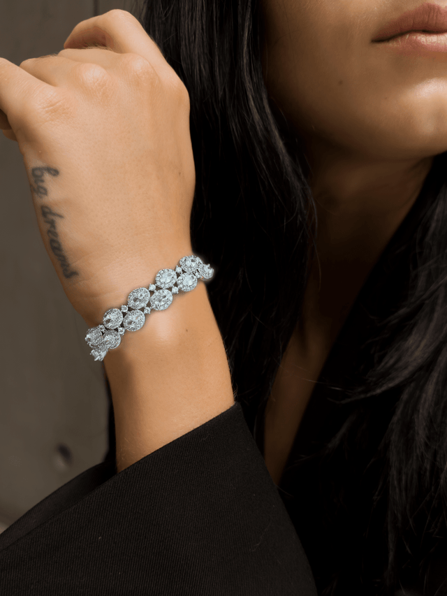 Model Wearing Orina Cuff Bangle Bracelet in Rhodium Plated Metal Comfort Fit Copper 15 cm 17.7gms Mix