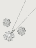 Closeup of Cara Clover Pendant Necklace and Earrings in Sterling Silver Fixed Length 925 Metal 16 inches 4.2gms