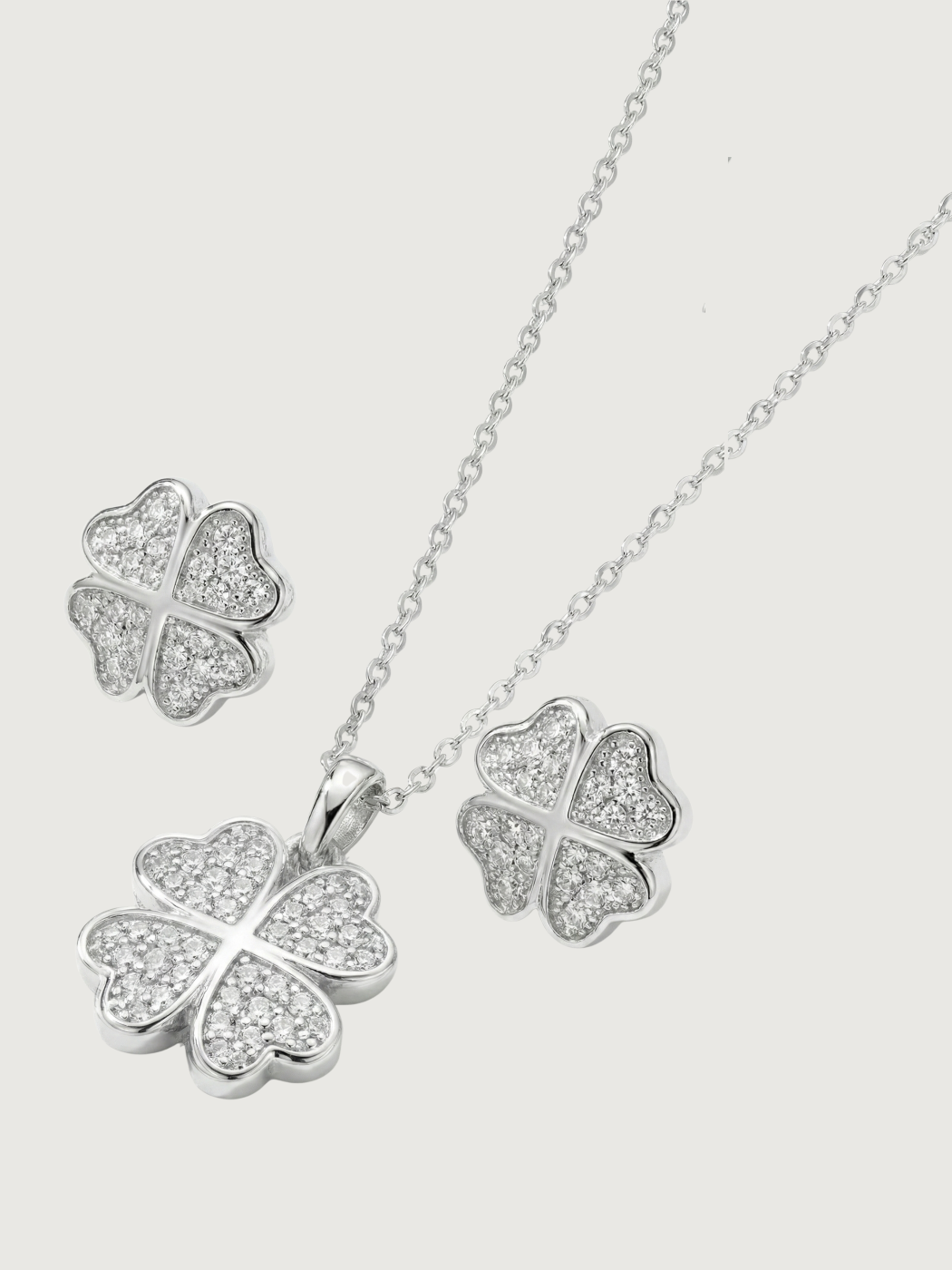 Closeup of Cara Clover Pendant Necklace and Earrings in Sterling Silver Fixed Length 925 Metal 16 inches 4.2gms