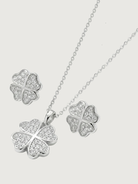 Closeup of Cara Clover Pendant Necklace and Earrings in Sterling Silver Fixed Length 925 Metal 16 inches 4.2gms