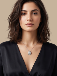 Model Wearing Ellara Pendant Necklace Comfort Fit Rhodium Plated Brass 925 Sterling Silver Chain 16 inches 4.2gms