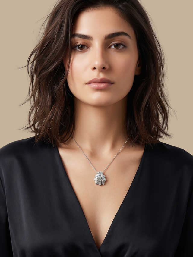 Model Wearing Ellara Pendant Necklace Comfort Fit Rhodium Plated Brass 925 Sterling Silver Chain 16 inches 4.2gms