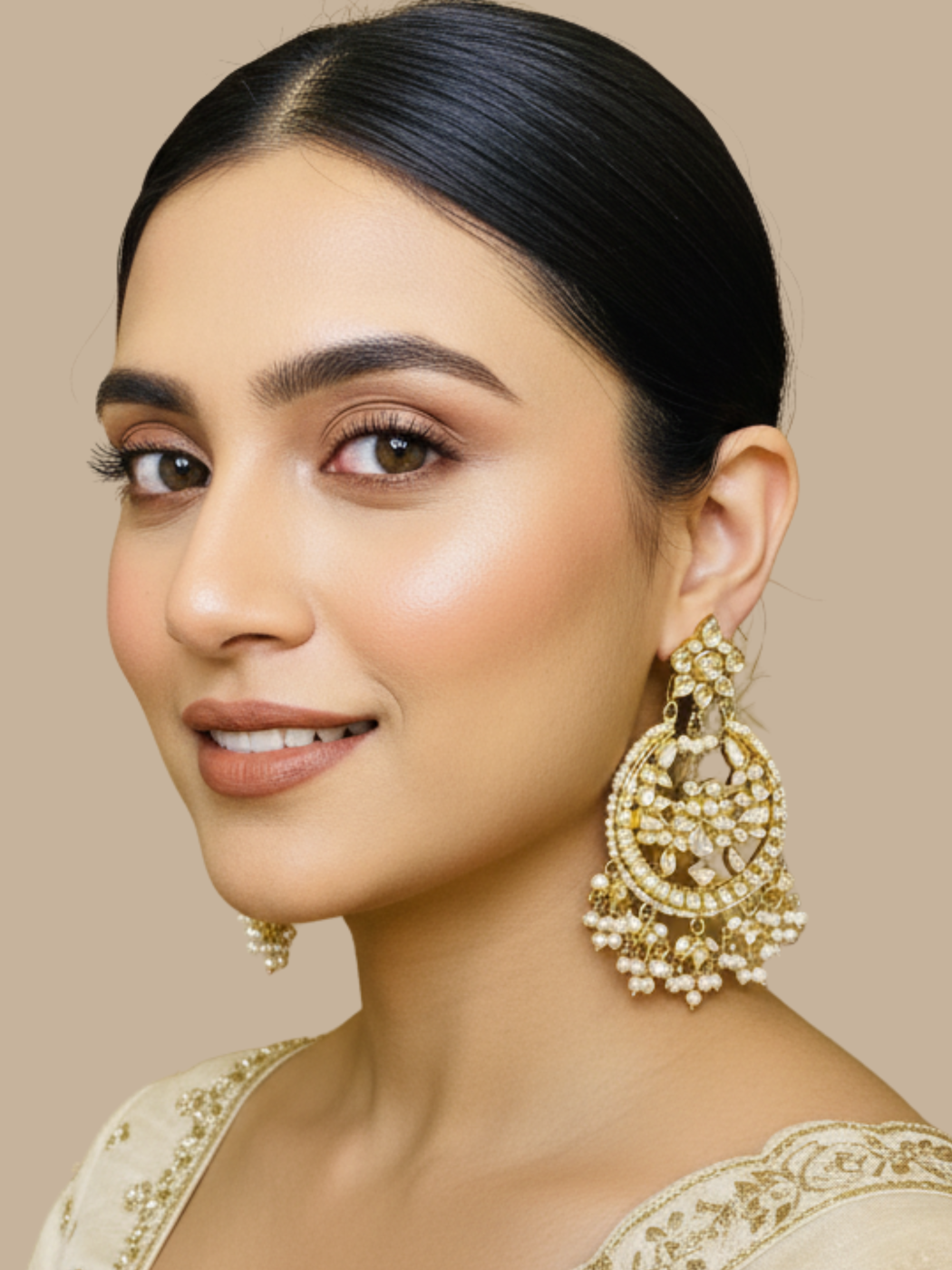 Alternate View of Model Wearing Anusha Pearl Chandbali Earrings Jewelry for Pierced Ears Gold Plated Copper Metal Stone One Size 58.2gms Brass