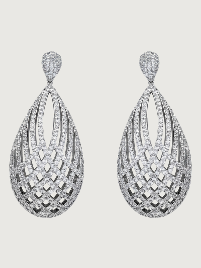 Front View of Emily Drop Earrings Jewelry for Pierced Ears Rhodium Plated Copper 925 Sterling Silver One Size 20.9gms