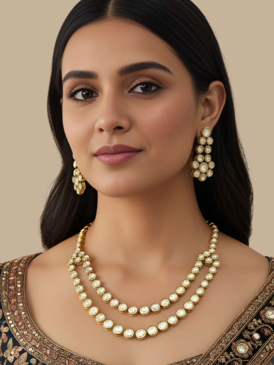 Model Wearing Devika Polki Necklace & Drop Earrings Set in Gold Plated Metal Fixed Length Brass One Size 120.4gms