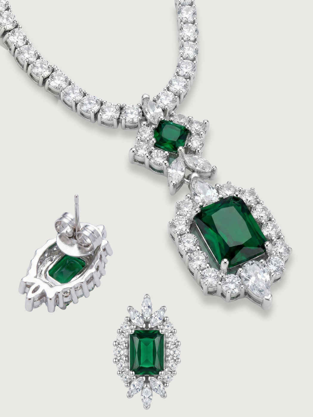 Closeup of Amaris Tennis Necklace and Earrings in Rhodium Plated Metal-Green Comfort Fit Copper 16 inches 22.5gms Mix Metal