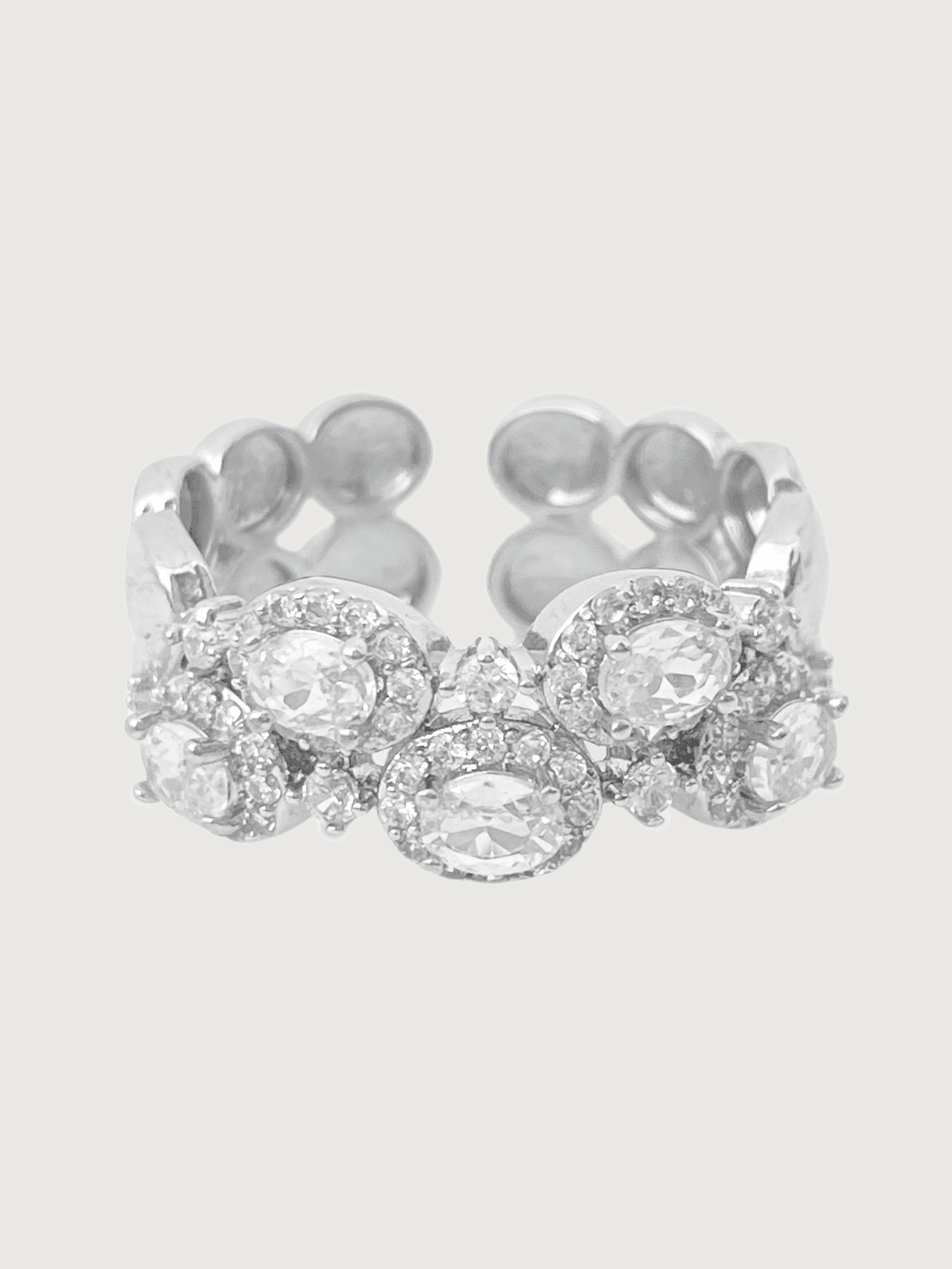 Front View of Orina Open Ring In Rhodium Plated Metal