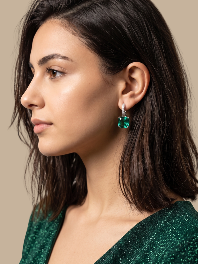 Model Wearing Valery Drop Huggie Hoop Earrings - Green Jewelry for Pierced Ears Rhodium Plated Brass One Size 6.4gms