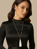 Alternate View of Model Wearing Selina Pearl Tassel Necklace Fixed Length 925 Sterling Silver Rhodium Plated Brass 36 inches 27.1gms