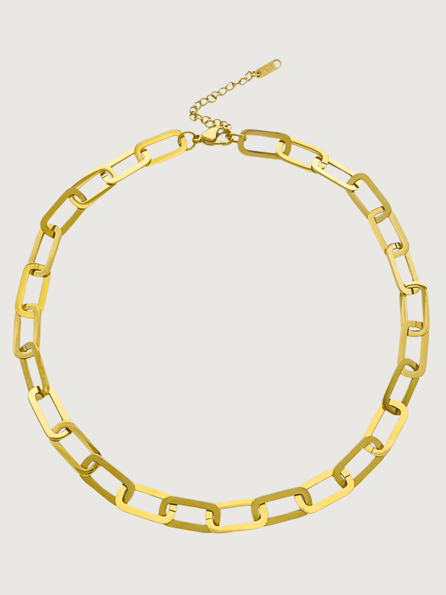 Front View of Clarisse Chunky Paperclip Necklace in 18k Gold-Plated Metal Adjustable Length Gold Plated Steel | Hypoallergenic Tarnish Resistant Sweat Water Eco - Friendly 15 inches 18.2gms