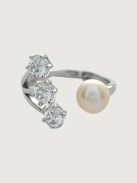 Front View of Athena Pearl & CZ Adjustable Ring in Sterling Silver Open-Adjustable-Resizable 925 Metal Stone One Size 2.8gms