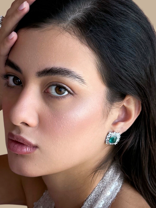 Model Wearing Felicity Green Stud Earrings Jewelry for Pierced Ears Rhodium Plated Copper Post / Pin & Push in 925 Sterling Silver Stamp Marked One Size 6.5gms