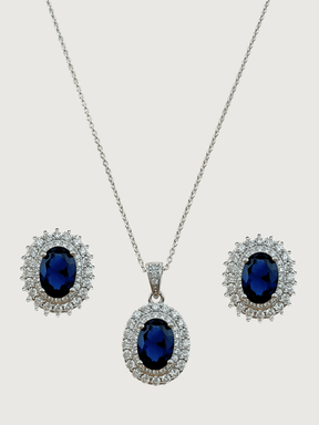 Front View of Ayesha Necklace & Earrings Set in Sterling Silver- Blue Fixed Length 925 Silver Metal Stone One Size 9.1gms