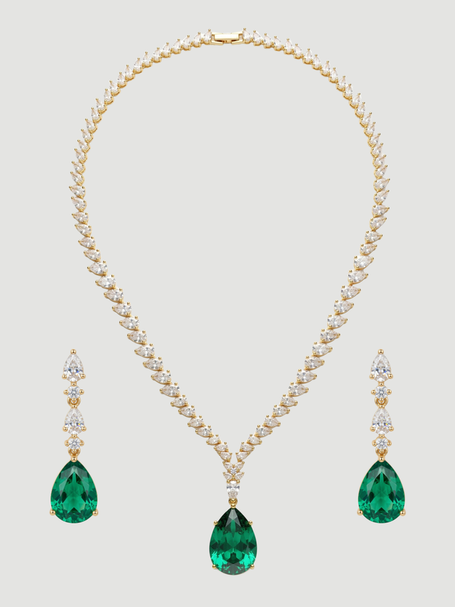 Front View of Ivy Drop Necklace Set with Earrings Comfort Fit Gold Plated Brass One Size 40.7gms Mix Metal