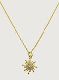 Front View of Sunburst Pendant Necklace in 18k Gold Plated Sterling Silver Fixed Length 925 Metal Brass 18 inches 2.1gms