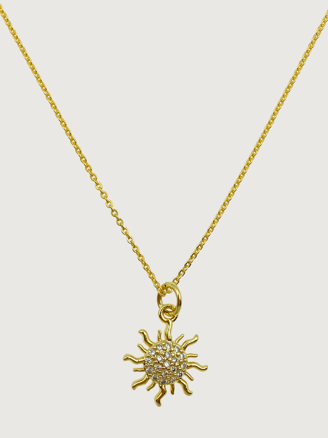 Front View of Sunburst Pendant Necklace in 18k Gold Plated Sterling Silver Fixed Length 925 Metal Brass 18 inches 2.1gms