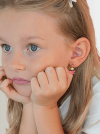 Alternate View of Model Wearing Little Princess Dolly Pendant Necklace and Dangle Earrings in 18K Gold Plated Sterling Silver Adjustable Length 18k 925 Metal 14 inches 6.3gms