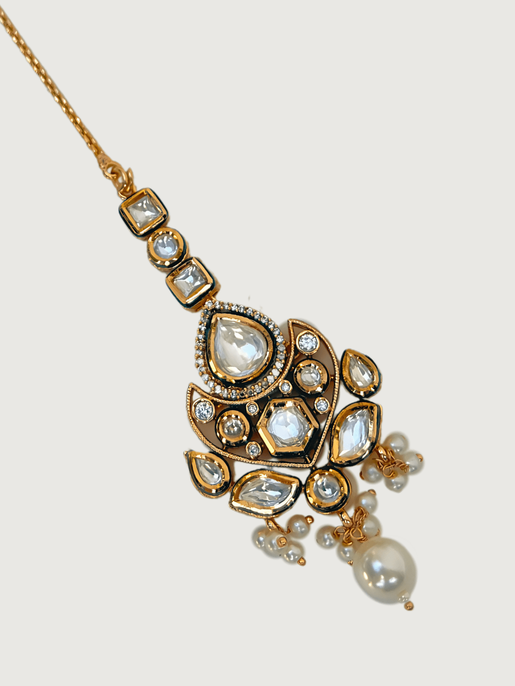 Falak Pearl Mang Tikka in Gold Finish Fixed Length Plated Brass Metal Stone One Size 11.9gms