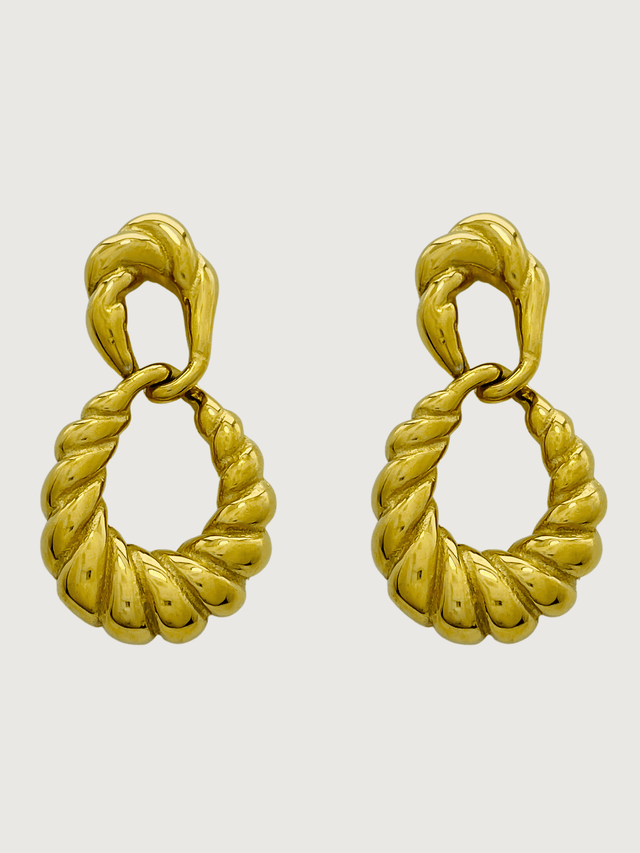 Front View of Lorraine Croissant Dangle Earrings in 18k Gold Plated Metal Jewelry for Pierced Ears Steel | Hypoallergenic Tarnish Resistant Sweat Water Eco - Friendly One Size 14.9gms Stainless