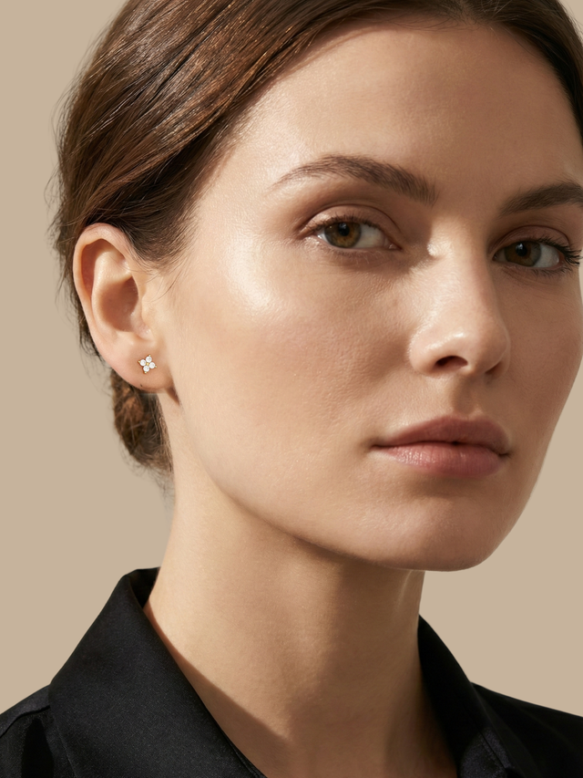 Model Wearing Irene Star Stud Earrings in 18K Gold Plated Sterling Silver Jewelry for Pierced Ears 18k 925 0.6gms