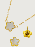 Closeup of Freya Flower Pendant & Stud Earrings Set in 18k Gold-Plated Metal Adjustable Length Gold Plated Steel | Hypoallergenic Tarnish Resistant Sweat Water One Size 12gms