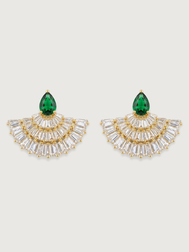Front View of Freya Fan Stud Earrings in Rhodium Plated Metal-Green Jewelry for Pierced Ears Brass Post / Pin & Push 925 Sterling Silver Stamp Marked 7.9gms