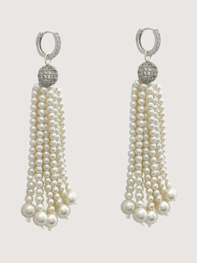 Front View of Selina Pearl Tassel Earrings in Sterling Silver Jewelry for Pierced Ears 925 Metal Stone One Size 27.6gms