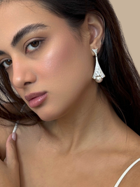 Model Wearing Madeline Pearl Dangle Earrings Jewelry for Pierced Ears Gold Plated Copper One Size 11.5gms Sterling Silver