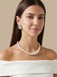 Alternate View of Model Wearing Cattleya Pearl Stud Earrings Jewelry for Pierced Ears Post / Pin & Push in 925 Sterling Silver Stamp Marked Rhodium Plated Copper 25.54 mm 8.5gms