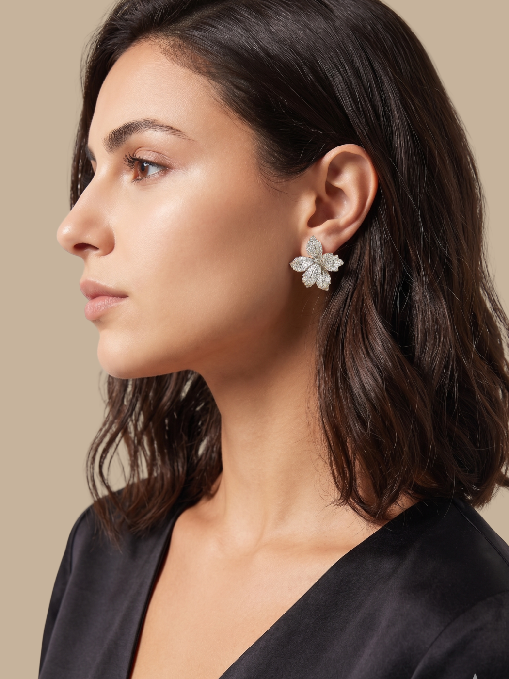 Model Wearing Orchid Bloom Stud Earrings Jewelry for Pierced Ears Rhodium Plated Copper 925 Sterling Silver 2.5 cm 9.1gms