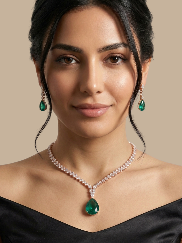 Model Wearing Ivy Drop Necklace Set with Earrings Comfort Fit Gold Plated Brass One Size 40.7gms Mix Metal