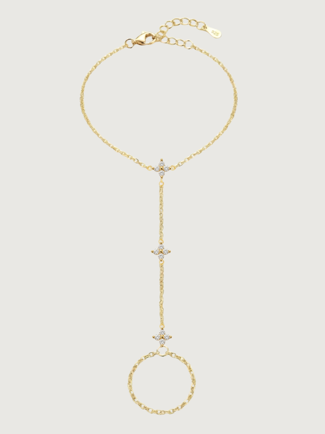 Front View of Irene Star Hand Chain Bracelet in 18k Gold Plated 925 Sterling Silver Comfort Fit One Size 1.5gms