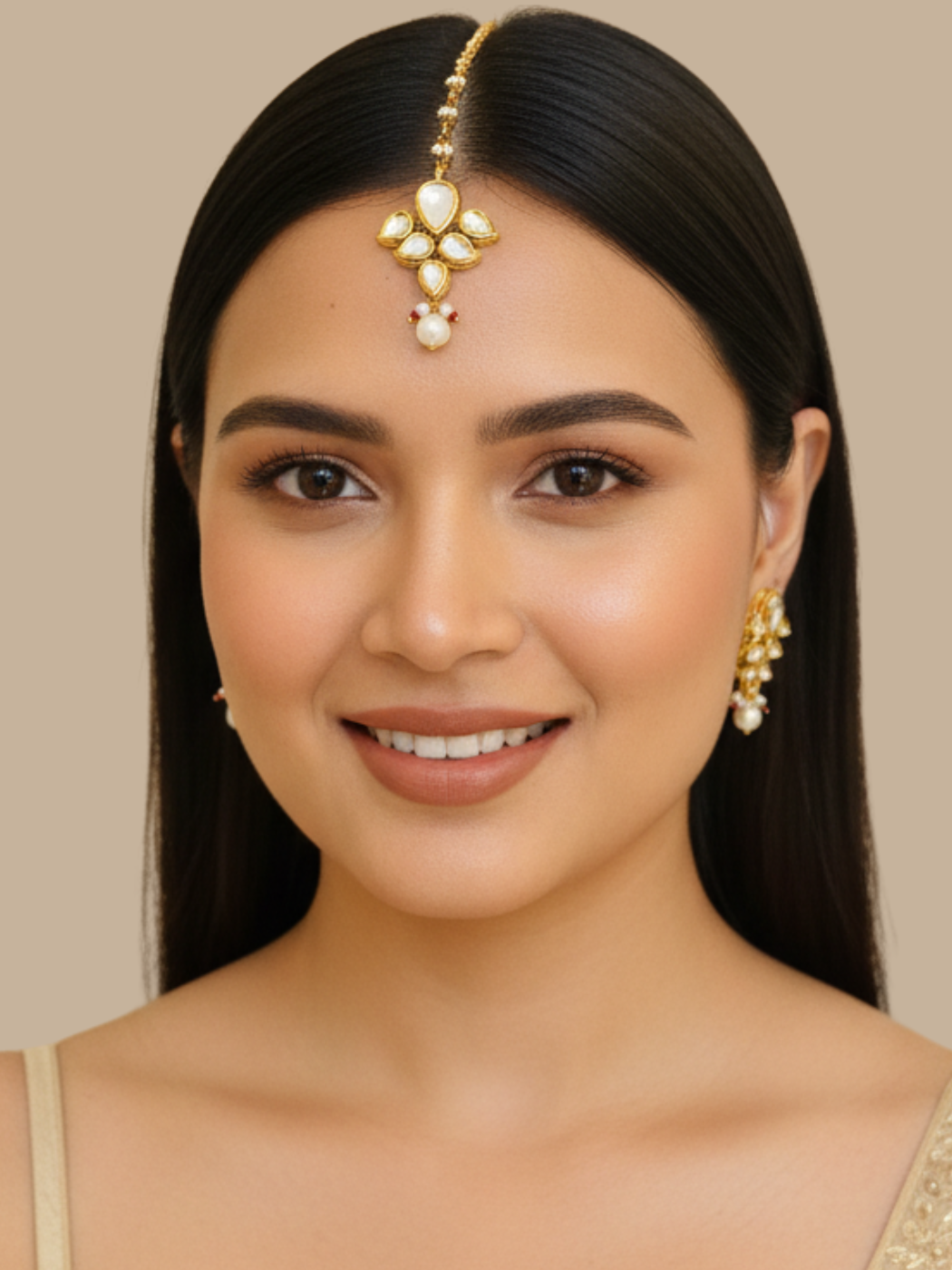 Model Wearing Ruhani Maang Tikka in Gold Plated Metal Fixed Length Brass Stone One Size 10.6gms