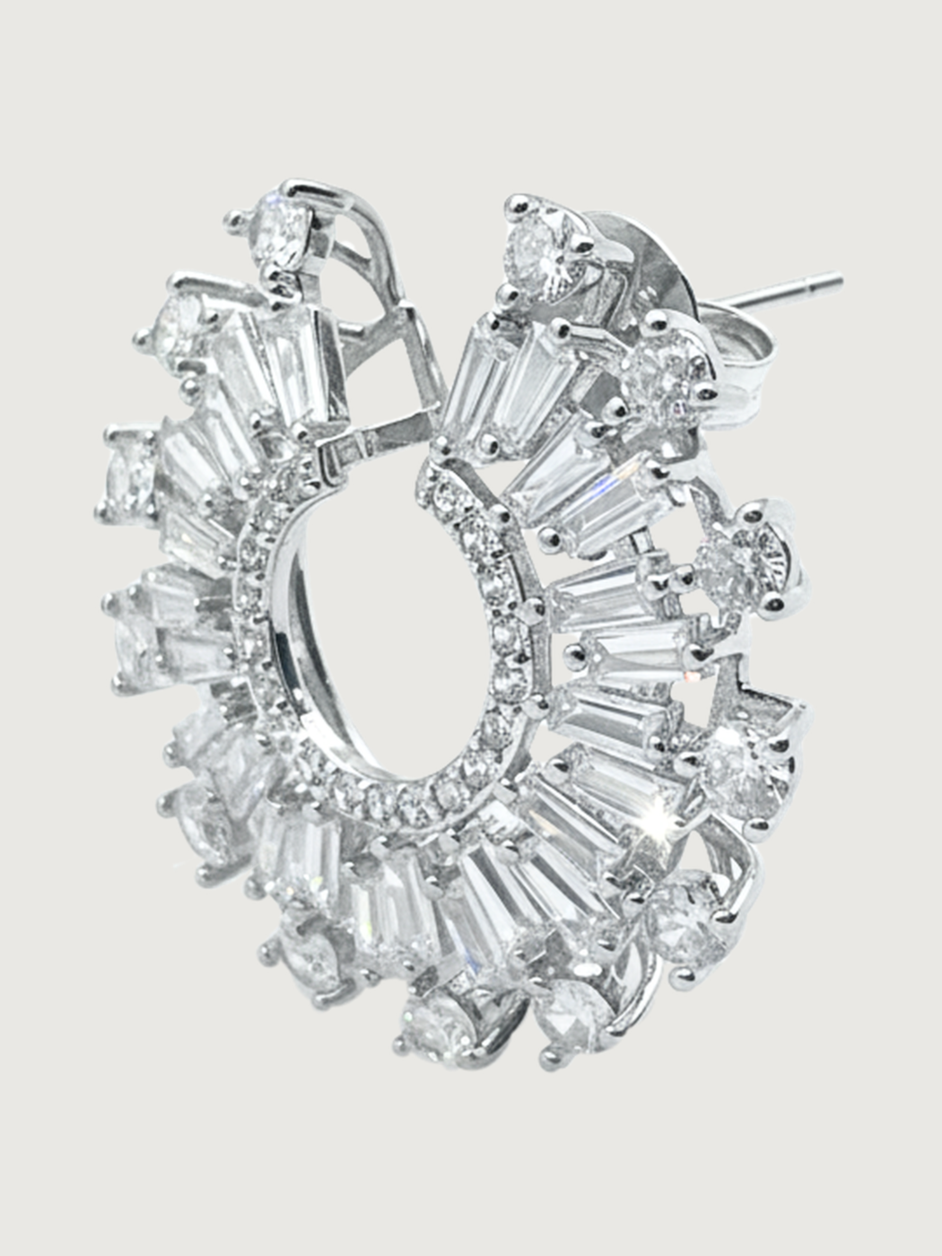 Closeup of Herina Halo Stud Earrings -white Jewelry for Pierced Ears Rhodium Plated Brass Post / Pin & Push in 925 Sterling Silver Stamp Marked 3 cm 11.2gms