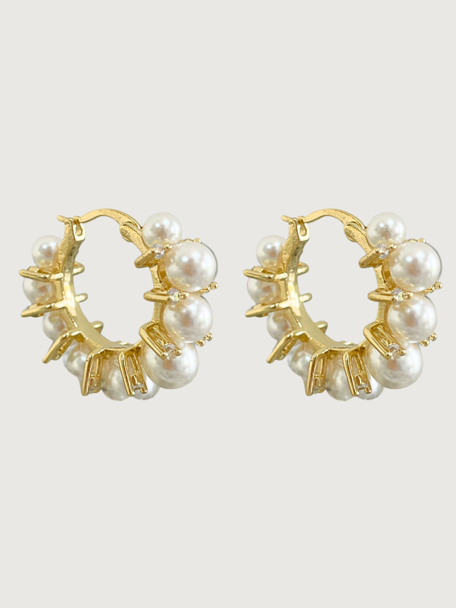 Front View of Lea Pearl Hoop earrings in 18k Gold Plated Metal Jewelry for Pierced Ears 18K Brass Stone 3 cm 9.5gms