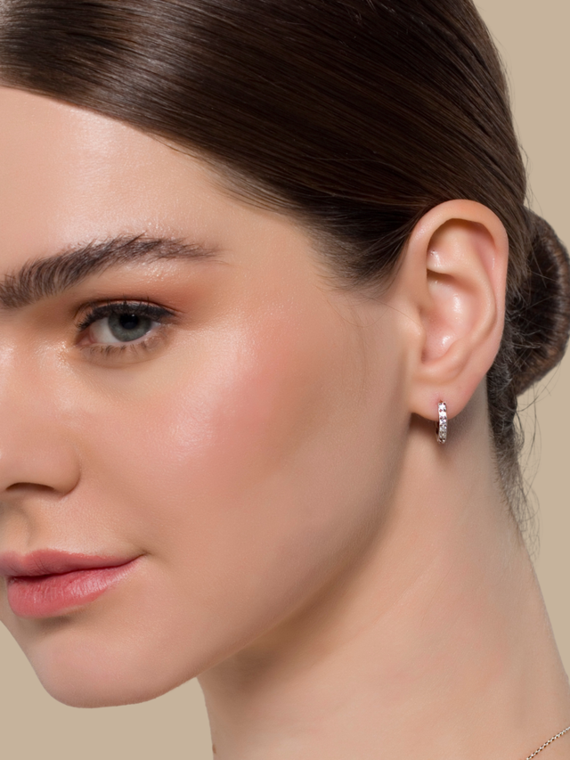 Model Wearing Lana Huggie Hoop Earrings Jewelry for Pierced Ears 925 Sterling Silver 12.81 mm 1.9gms