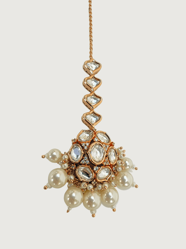 Aadhya Pearl Mang Tikka Comfort Fit Gold Plated Brass Metal Stone One Size 14.2gms