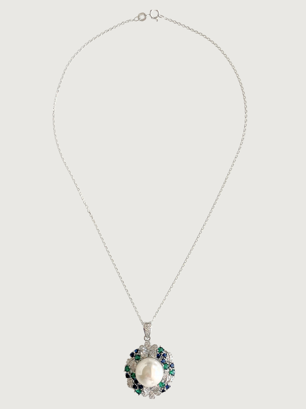 Marem Pearl Pendant Necklace & Stud Earrings in 925 Sterling Silver Comfort Fit Rhodium Plated Brass Stone Metal 2 cm 22.7gms