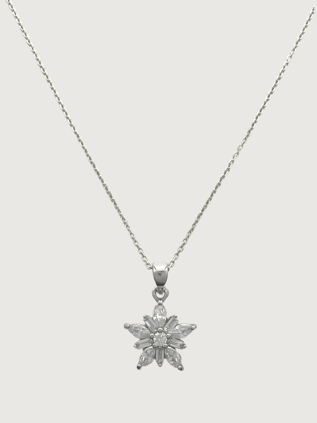 Front View of Belle Snowflake Necklace in Sterling Silver Fixed Length 925 Metal One Size 3.2gms