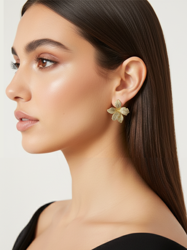 Model Wearing Orchid Bloom Stud Earrings 18k gold Plated Jewelry for Pierced Ears Gold 925 Sterling Silver One Size 9.5gms