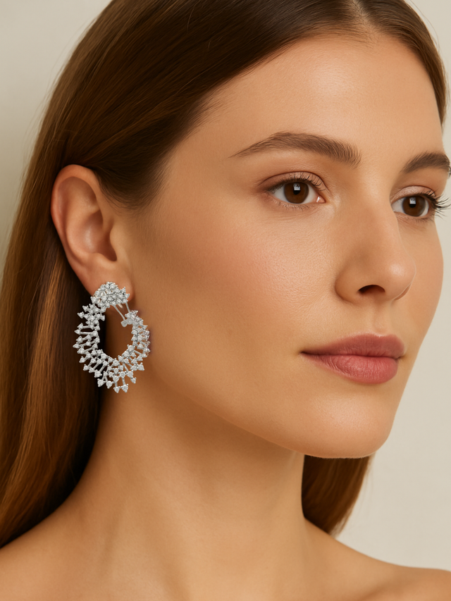 Model Wearing Zahra Earrings in Sterling Silver Jewelry for Pierced Ears 925 One Size 21.1gms