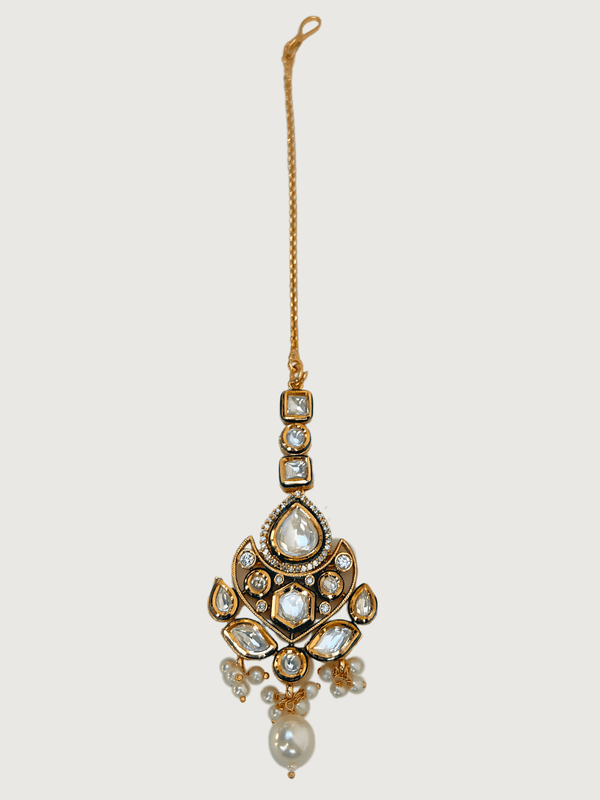 Falak Pearl Mang Tikka in Gold Finish Fixed Length Plated Brass Metal Stone One Size 11.9gms
