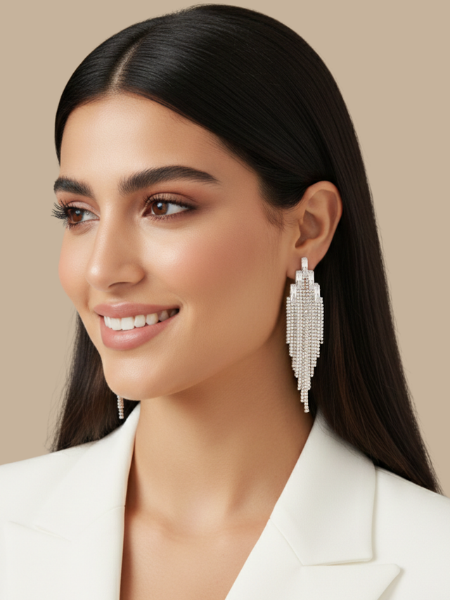 Model Wearing Elise Waterfall Earrings in Rhodium Plated Metal Jewelry for Pierced Ears Post / Pin & Push 925 Sterling Silver Stamp Marked 13.2gms