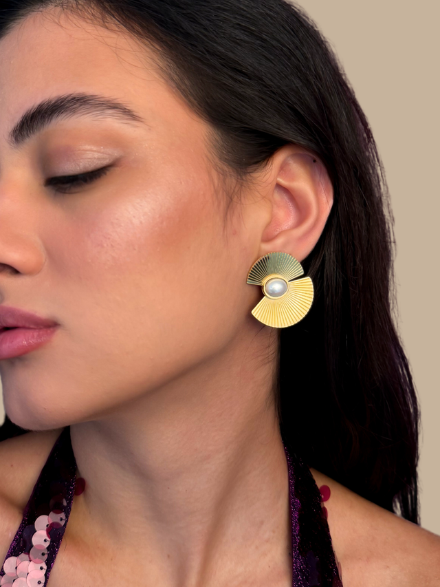 Model Wearing Alicia Stud Earrings Jewelry for Pierced Ears 18k Gold Plated Steel | Hypoallergenic Tarnish Resistant Sweat Water Eco - Friendly One Size 11gms Stainless