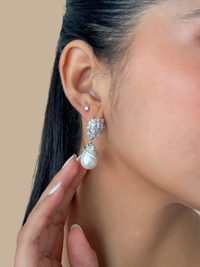 Model Wearing Ellara Pearl Dangle Earrings Jewelry for Pierced Ears Rhodium Plated Copper Post / Pin & Push in 925 Sterling Silver Stamp Marked 4 cm 10.4gms