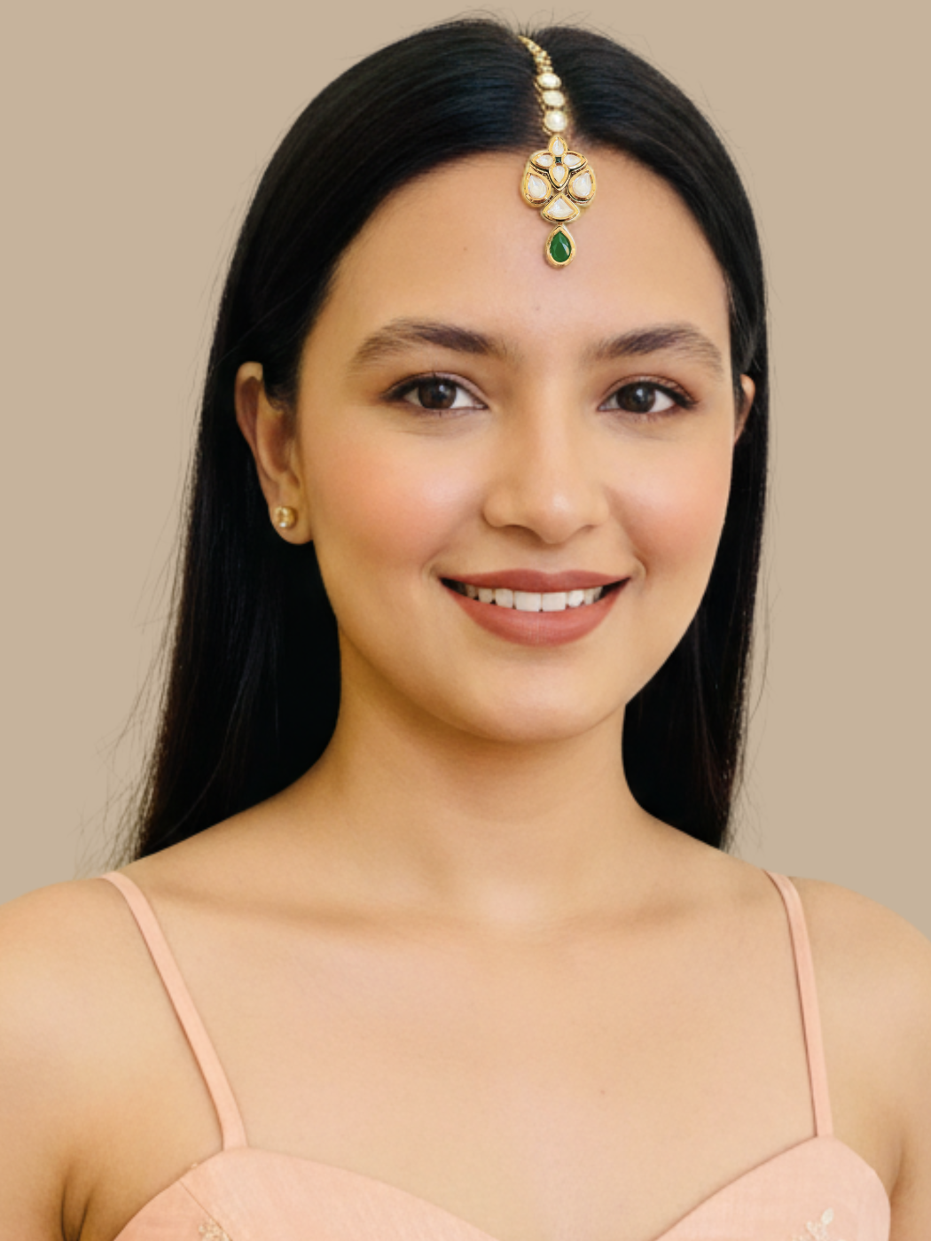Model Wearing Parnika Maang Tikka Fixed Length Gold Plated Brass Metal One Size 11.7gms